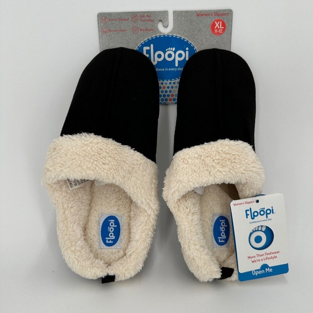 Floopi Women's Black Faux Fur-Lined Clog Slippers sz XL 11-12 Slip On Faux Suede